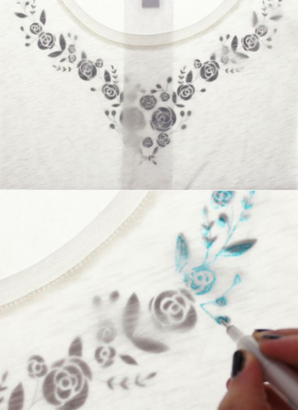 刺绣花朵图案改造旧T恤DIY教程 第4步