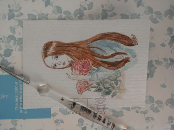 水彩中的女孩与花  绘画教程 第5步