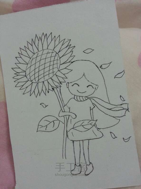 彩铅画–向日葵旁的小姑娘 第3步