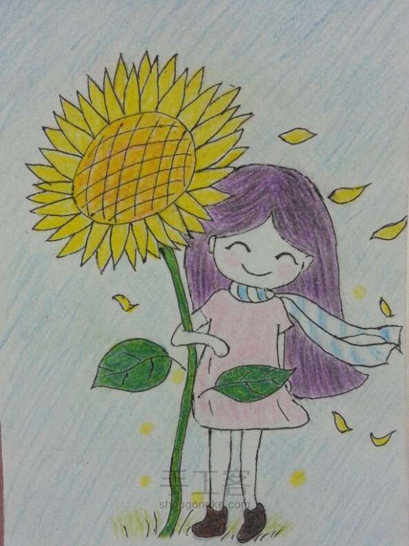 彩铅画–向日葵旁的小姑娘 第4步