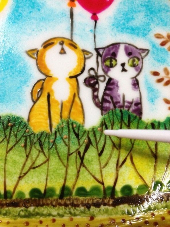 手绘骨瓷餐碟——“猫咪森林” 第18步