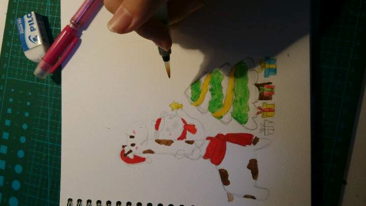 圣诞到了哦~萌萌哒的水彩长颈鹿和考拉共同庆祝😘 手绘教程 第3步