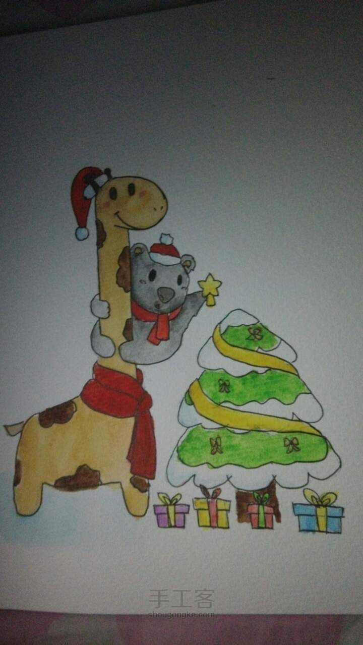 圣诞到了哦~萌萌哒的水彩长颈鹿和考拉共同庆祝😘 手绘教程 第4步