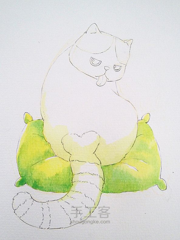 水彩手绘教程——胖猫一坨 第6步