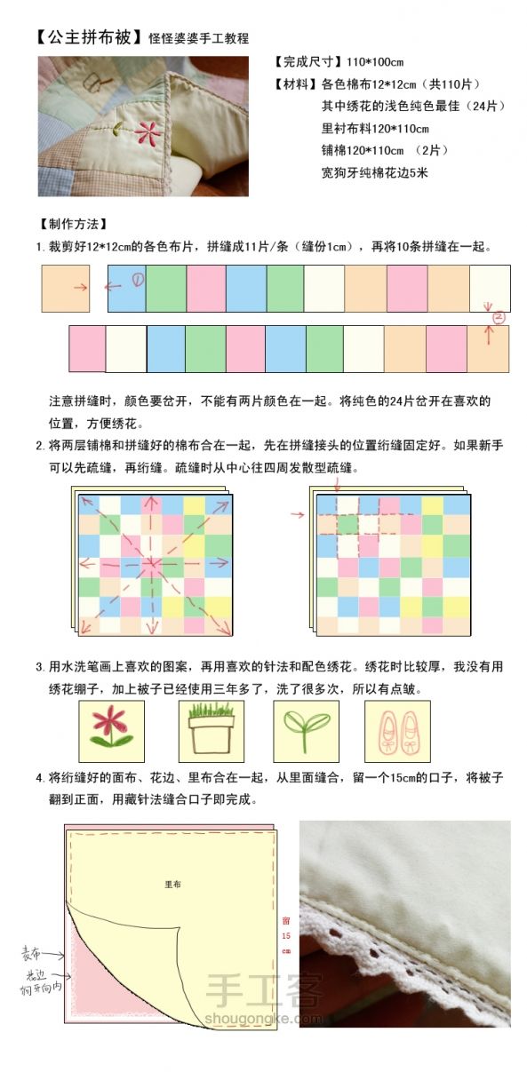 【彭翾臻】手工拼布教程——公主绣花小被子 第3步