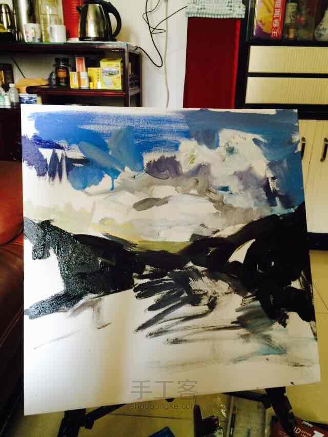 给朋友的丙烯画 男票西藏照片风景画 第1步