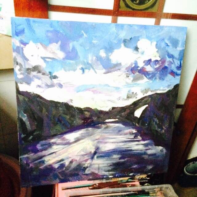 给朋友的丙烯画 男票西藏照片风景画 第6步