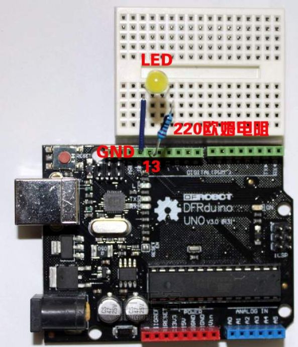 面包板实验:利用ArduinoIDE 语句控制灯的开关 第6步