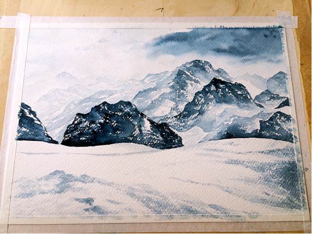 大热天的画个雪山吧，感觉雪的题材已经基本无压力了！ 第6步
