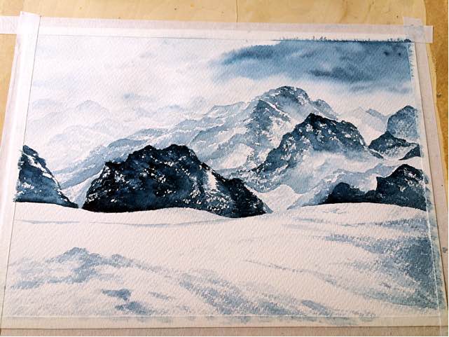 大热天的画个雪山吧，感觉雪的题材已经基本无压力了！ 第7步