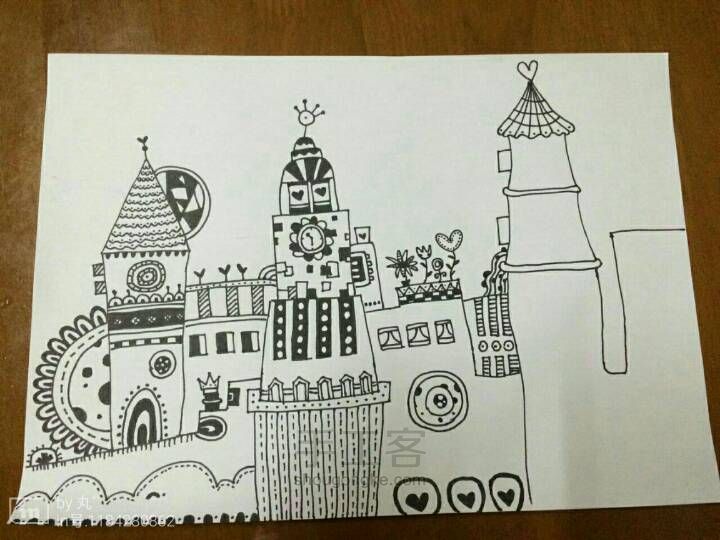 黑白线条简笔画城堡 第3步