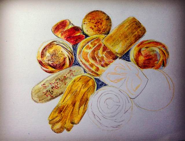 最平常的大饼和面包的彩铅画 第3步