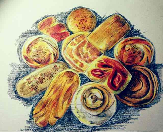 最平常的大饼和面包的彩铅画 第4步