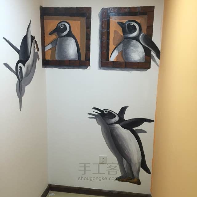 3D企鹅家族手绘墙画 第5步
