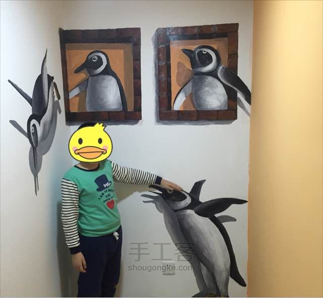 3D企鹅家族手绘墙画 第6步