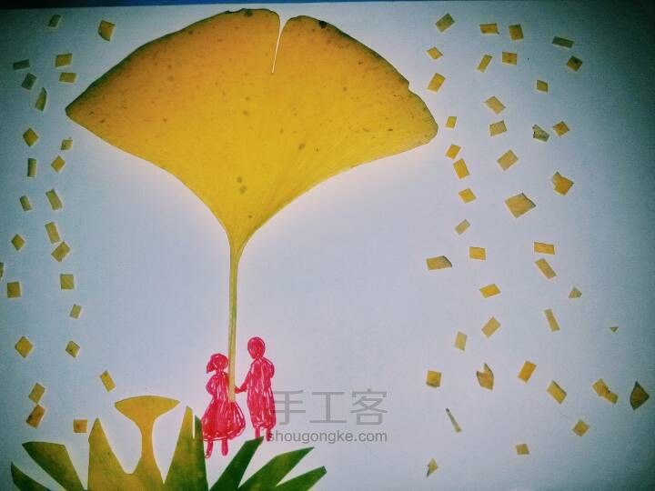 风雨同舟，用银杏叶做树叶画给新婚朋友送祝福 第3步