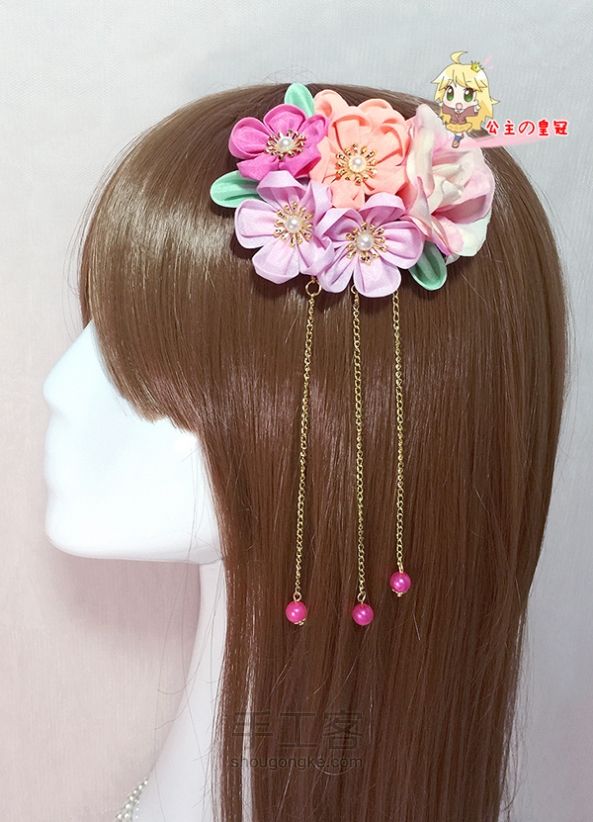 【公主手作】日式和风樱花发夹细工粉色花团和服浴衣cos头饰 第2步