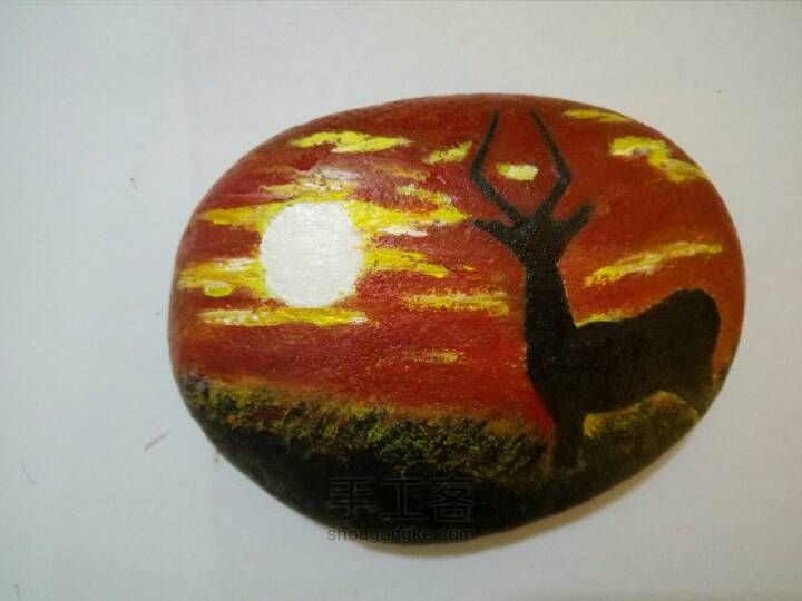 石头画---夕阳、鹿 第11步