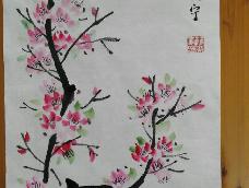 中国画桃花手绘过程。