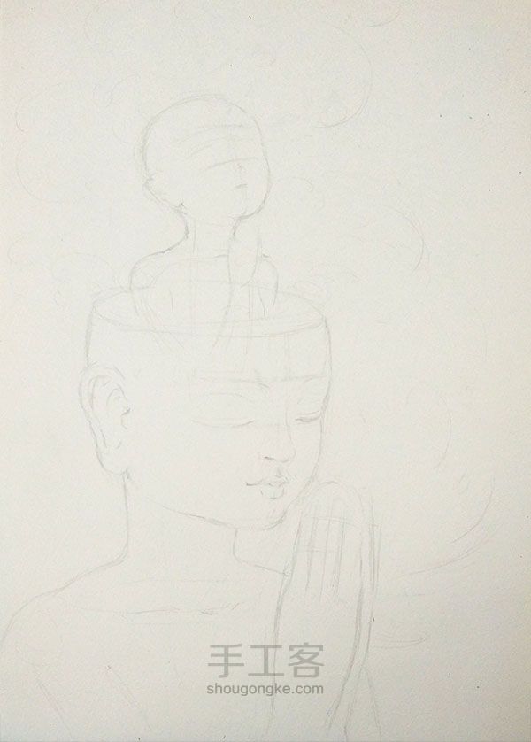 水彩+铅笔作品『祈祷』 绘画过程 第2步