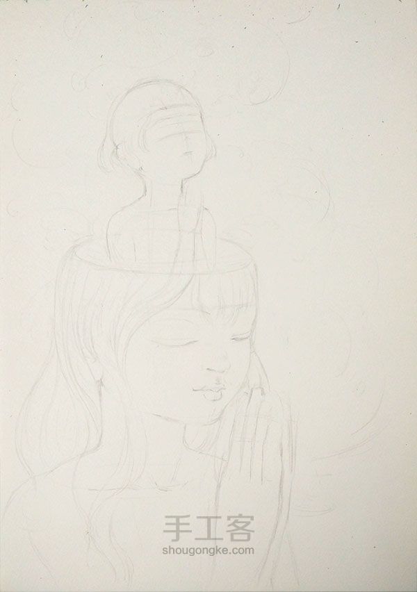 水彩+铅笔作品『祈祷』 绘画过程 第3步