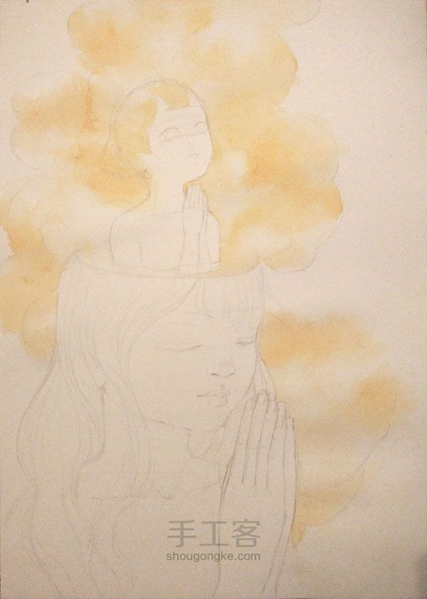 水彩+铅笔作品『祈祷』 绘画过程 第5步