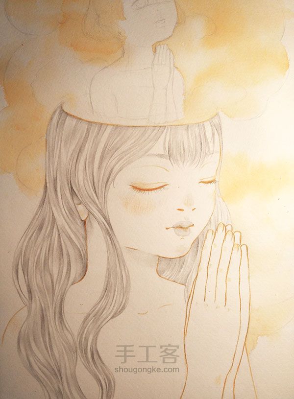 水彩+铅笔作品『祈祷』 绘画过程 第8步