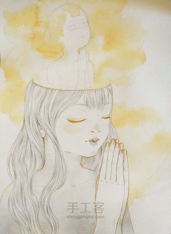水彩+铅笔作品『祈祷』 绘画过程 第10步