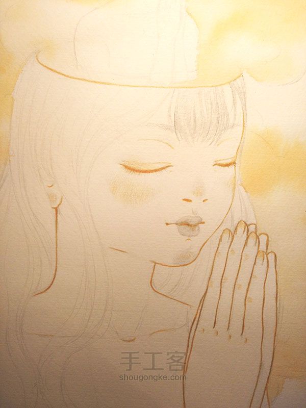 水彩+铅笔作品『祈祷』 绘画过程 第7步