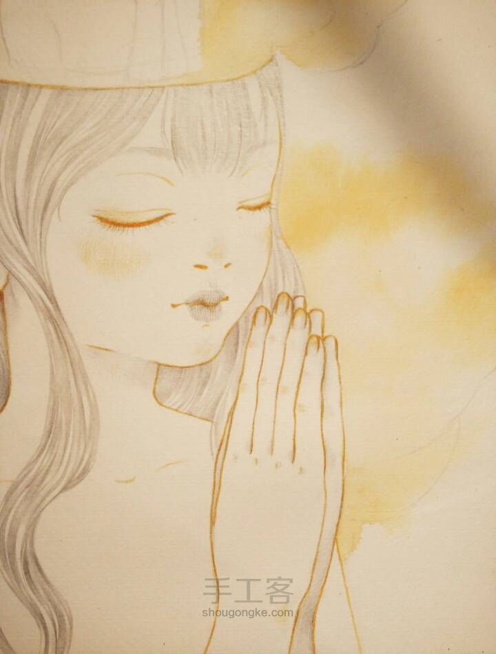 水彩+铅笔作品『祈祷』 绘画过程 第9步