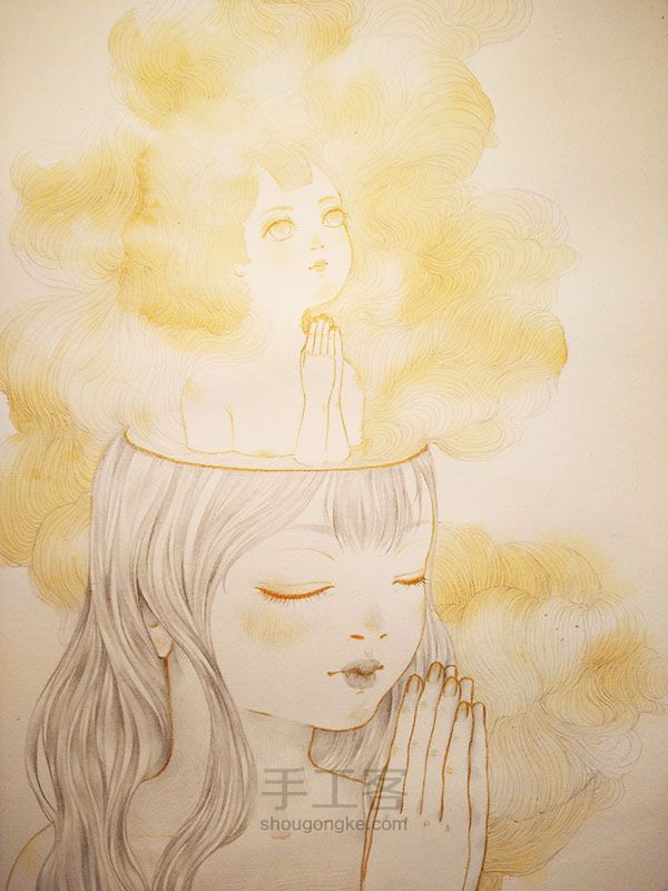 水彩+铅笔作品『祈祷』 绘画过程 第13步