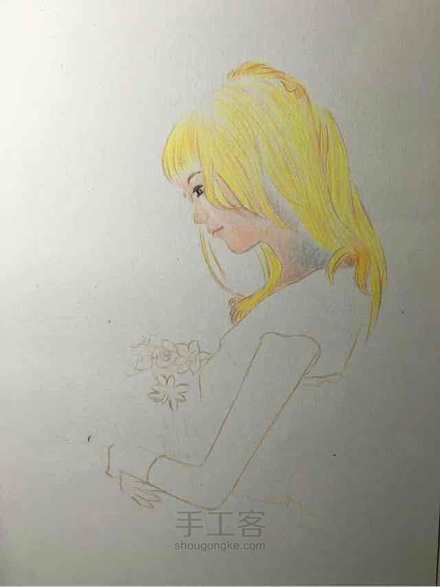 花与那女孩 彩铅绘 第3步