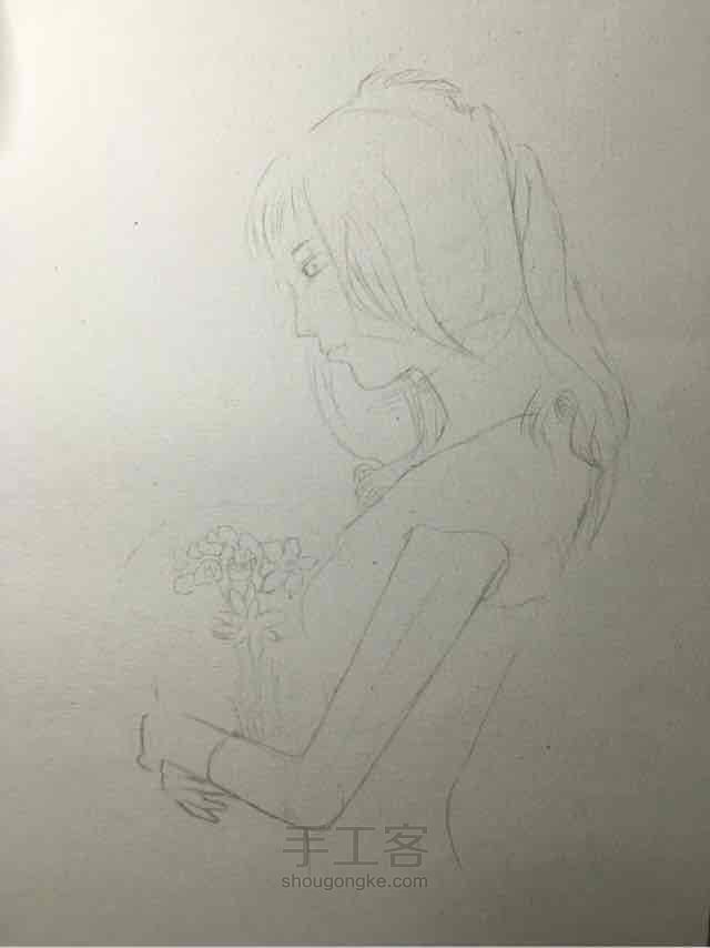 花与那女孩 彩铅绘 第1步