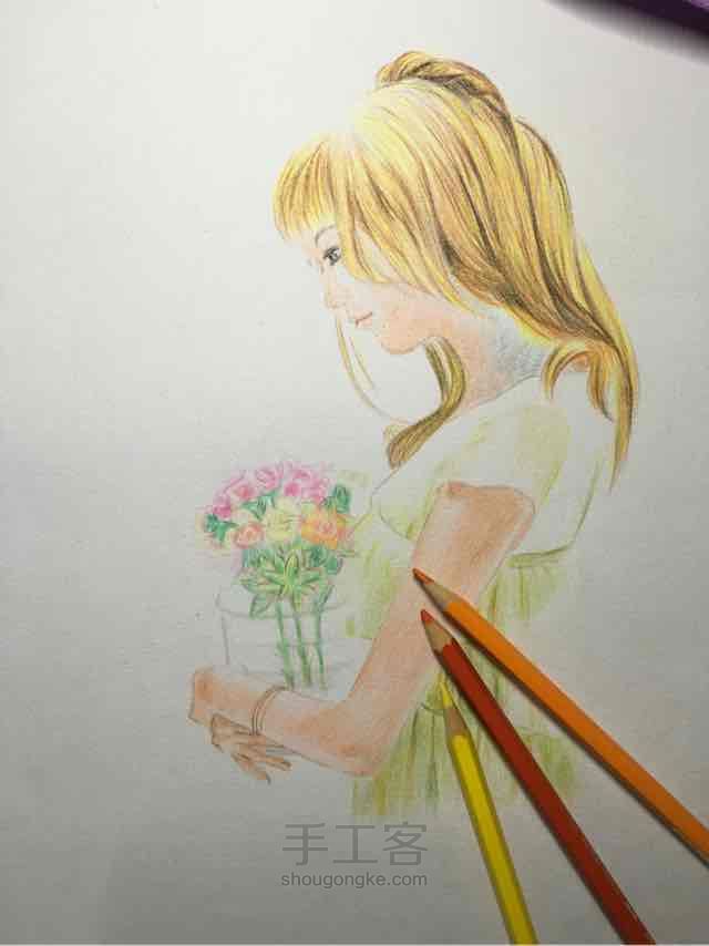 花与那女孩 彩铅绘 第6步