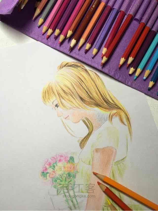 花与那女孩 彩铅绘 第7步