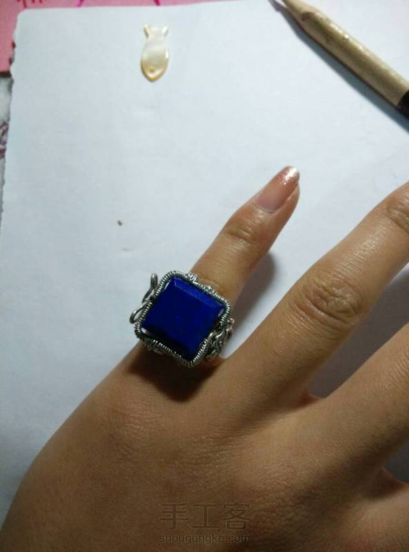 青金石方戒，原先是想带中指，现在只能带小指了 第1张