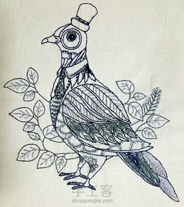 来自《奇幻梦境》的胖鸟先生MR. BIRD，是我绣过最省事的图案，只需要会平针绣和叶型绣就可以了。
最重要的是，同一个图案，你可以按照自己的喜好增加颜色，增加难度，比起填色我更喜欢玩这个~＠^_^＠~