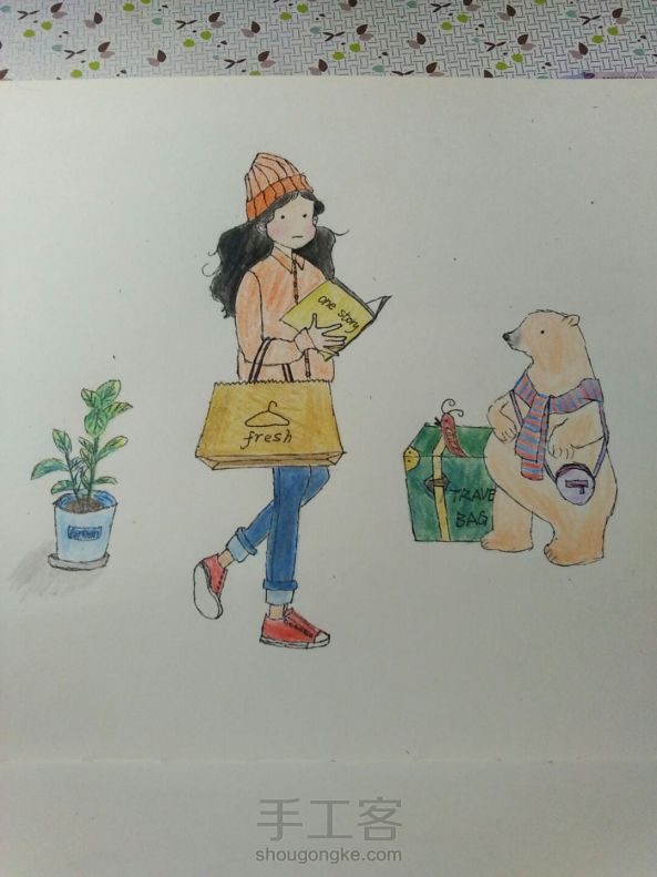 彩铅手绘女孩和熊
