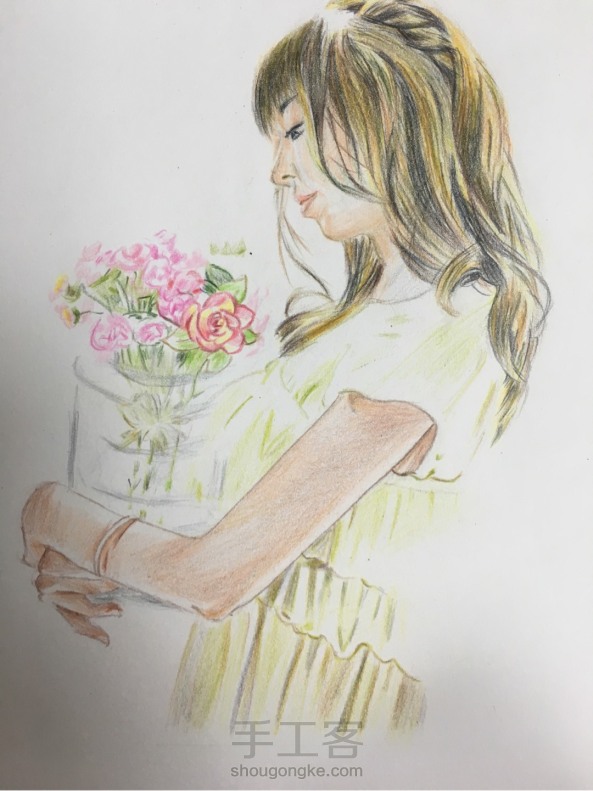 女孩与鲜花彩铅手绘