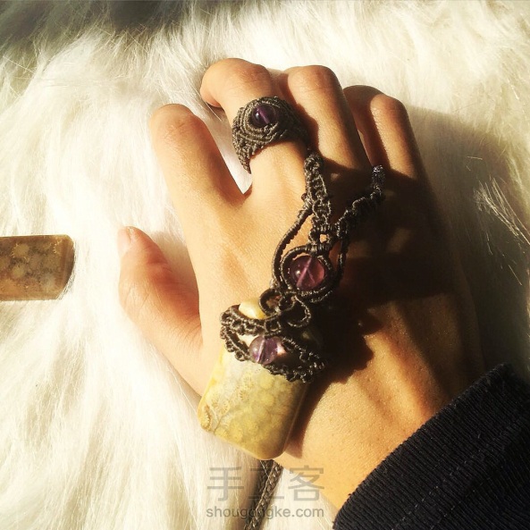 复古紫水晶圆珠宽戒指vs手链