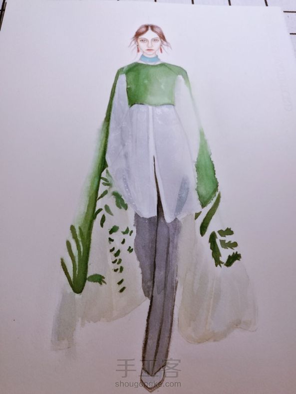 时尚插画#穿绿斗篷的少女