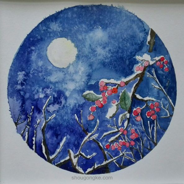 手绘水彩月圆夜装饰画