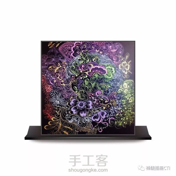 禅线 黑卡纸上线绘禅绕画1幅《浮动的色》
