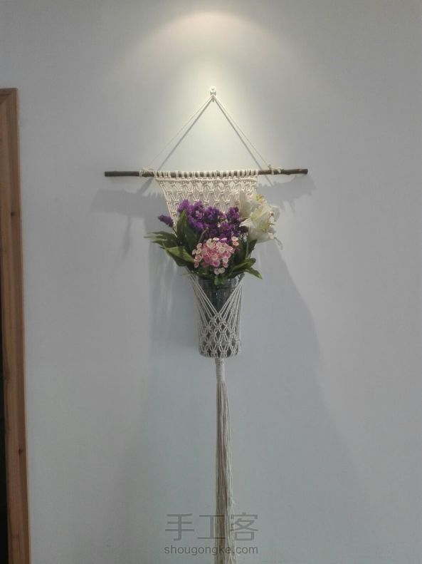 棉绳挂毯插花瓶及花，挂毯花盆、花瓶