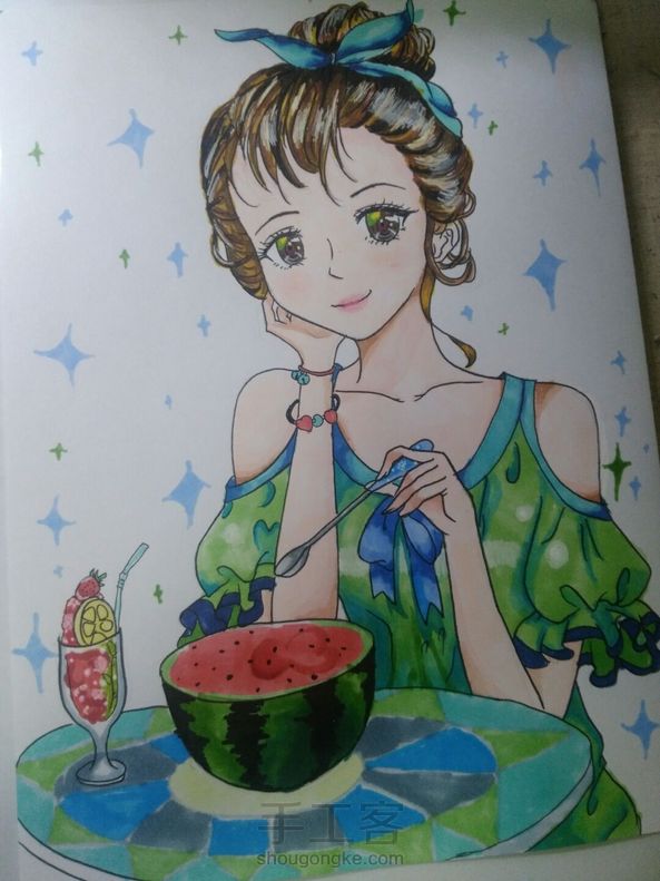 吃西瓜的少女 马克笔