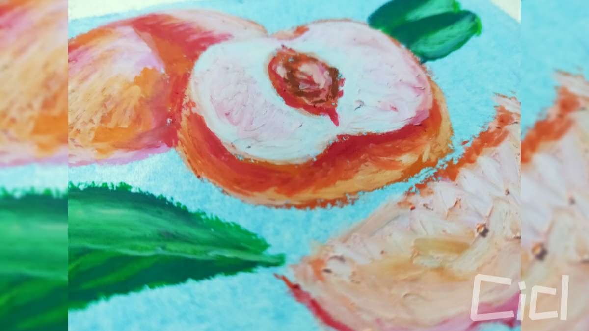 油画棒画水晶桃子，夏天到了，来一颗清新的水晶桃子