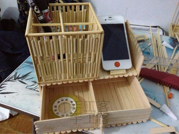 实用竹签笔筒（带小抽屉）创意手工