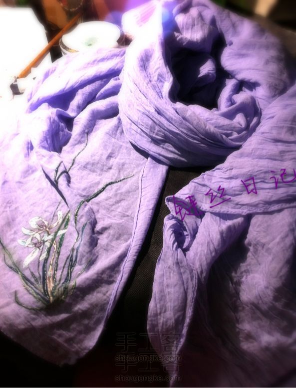 手绘兰花紫色棉麻大披肩围巾