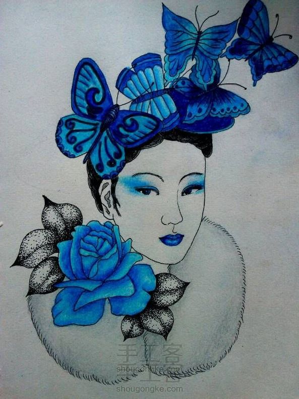 彩铅手绘教程——蓝色妖姬