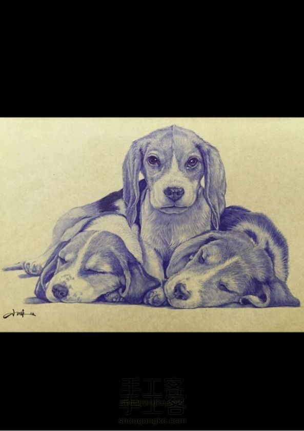 三只狗狗圆珠笔-小明手绘